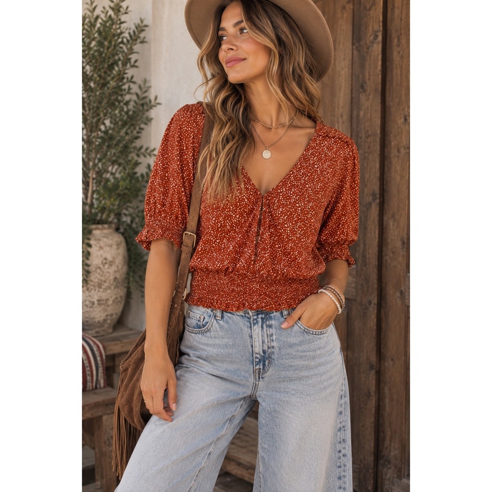 Abercrombie & Fitch Rust Orange Polka Dot Smocked Waist V-Neck Blouse XL